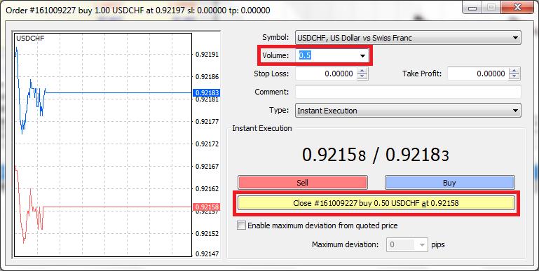 Order Window with successful order execution, Print & Ok button, volume 0.5 and Graph 